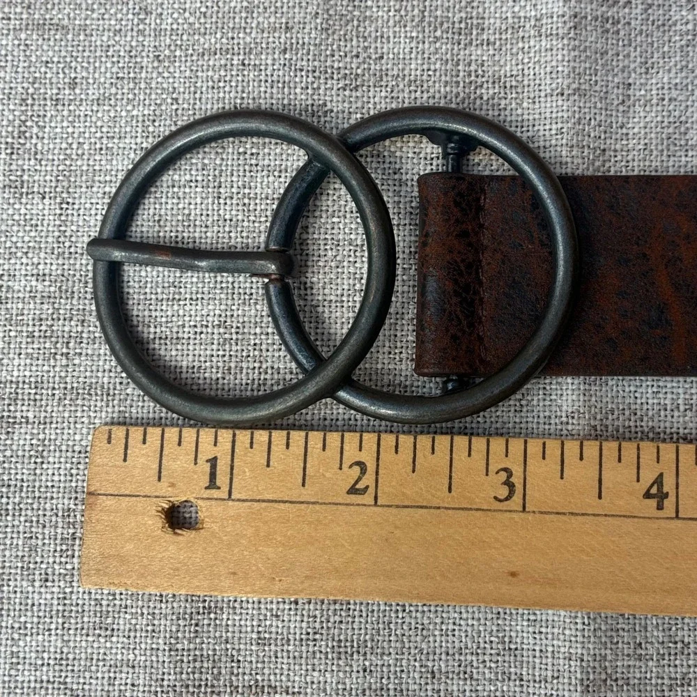 Vintage Double O-Ring Brown Leather Belt Matte Black Interlocking Circle Buckle